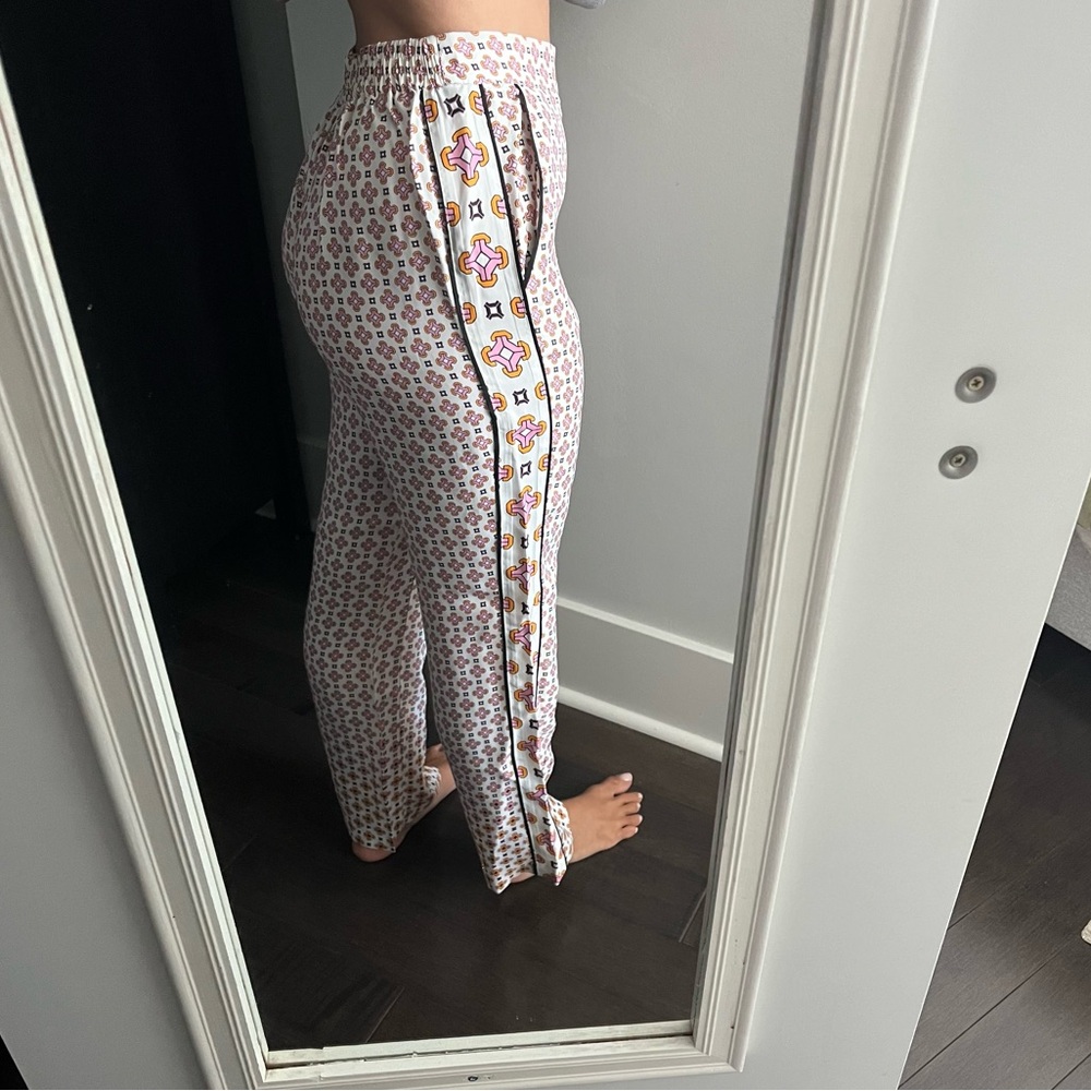 Maje White Floral Straight-Leg Pants with Side Stripe